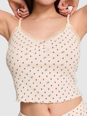 🍓VICTORIA’S SECRET PINK Drop Needle Pointelle Tank Top Cream Strawberry Print M